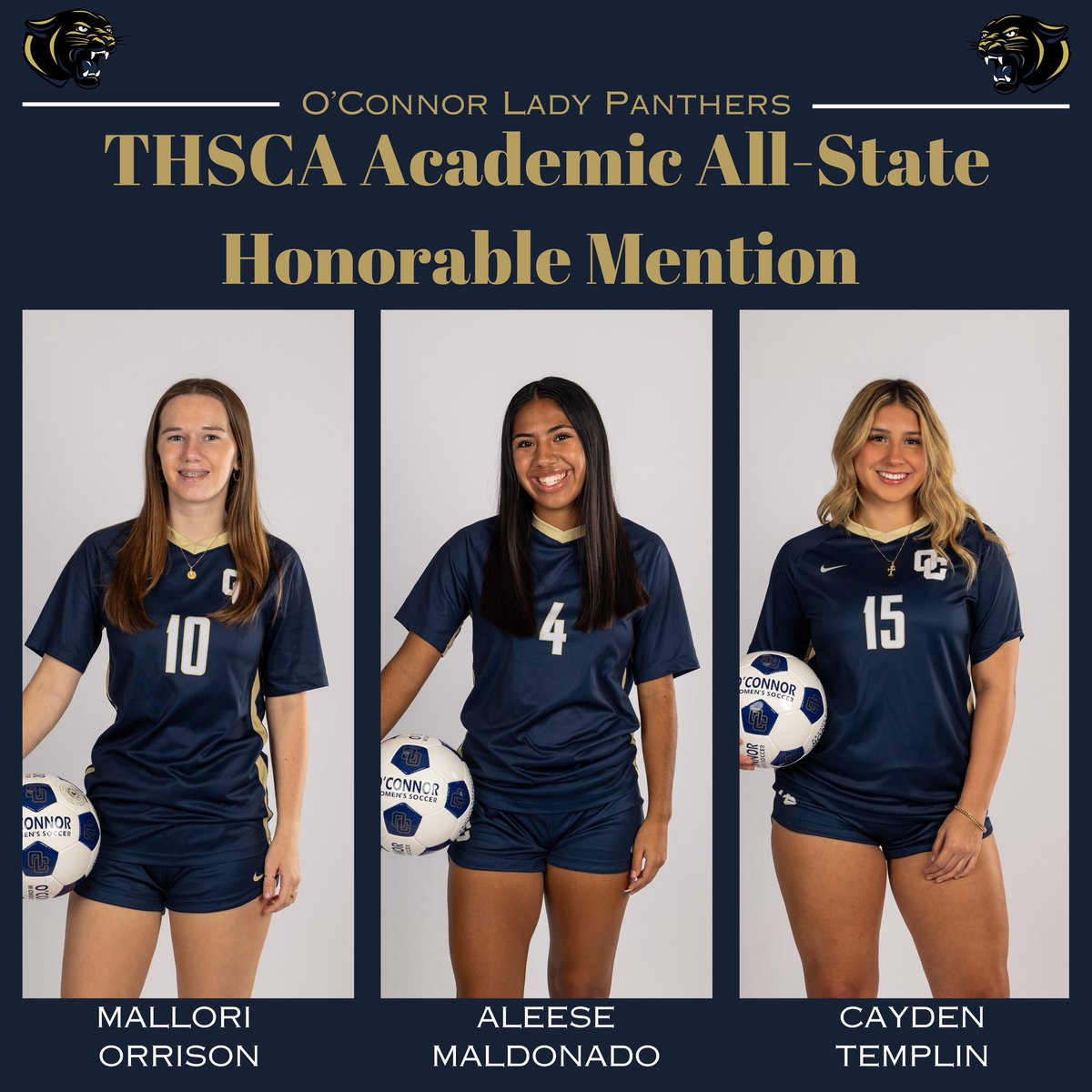 Congratulations to the following SENIORS for being named to the THSCA (Texas High School Coaches Association) Academic All-State Honorable Mention Team! @NISDOConnorHS @NISD_Athletics @OCathletics1819 @6a_28 @50_50Pod @LethalSoccer @SATXSoccer