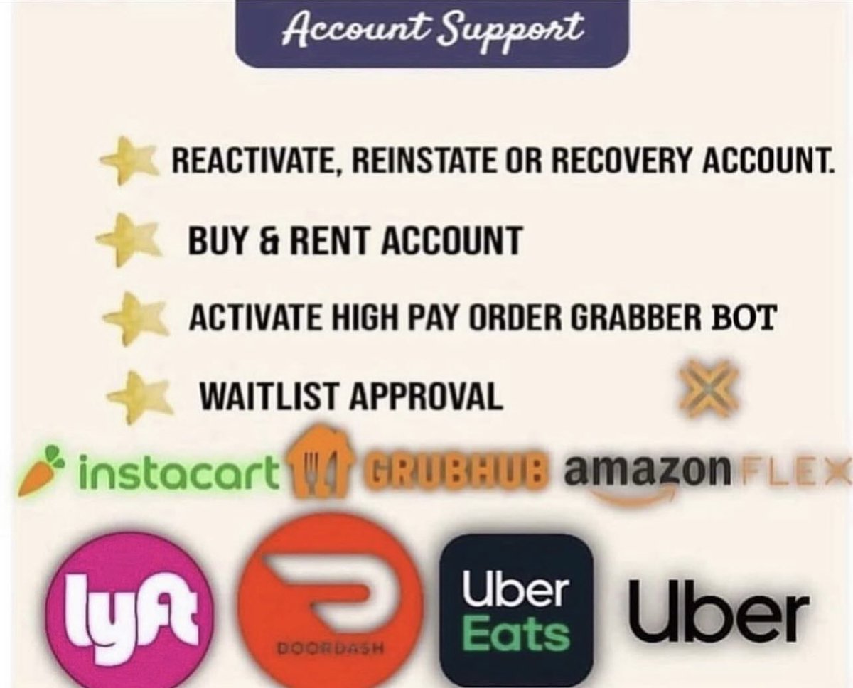 Reactivate, Buy and Rent all Gig Account with bot grabber software. Send a DM now 

#instacart #instacartshopper #instacartshoppers #instacartshoppers #doordash #doordashdriver #doordashdelivery #doordasher #doordashdeactivated #lyft #lyftdriver #lyftpromocode
#amazonfledriver