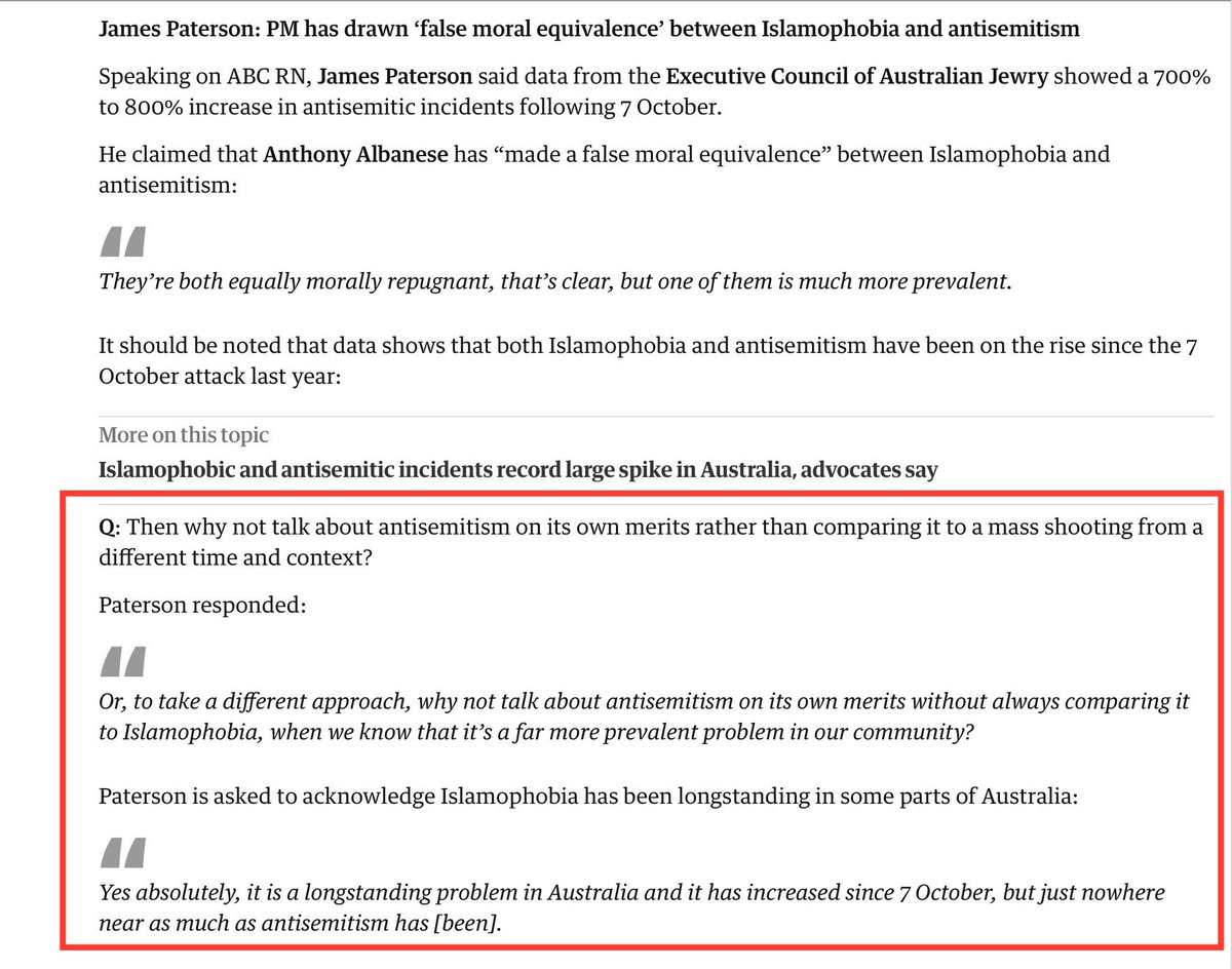 ugh.. James Paterson on #rnbreakfast is turning the rise of anti-semitism and Islamophobia into a competion

ffs @SenPaterson shouldn’t we be *equally* concerned? and exactly what data are you basing “prevalence” on anyway?

source: theguardian.com/australia-news…