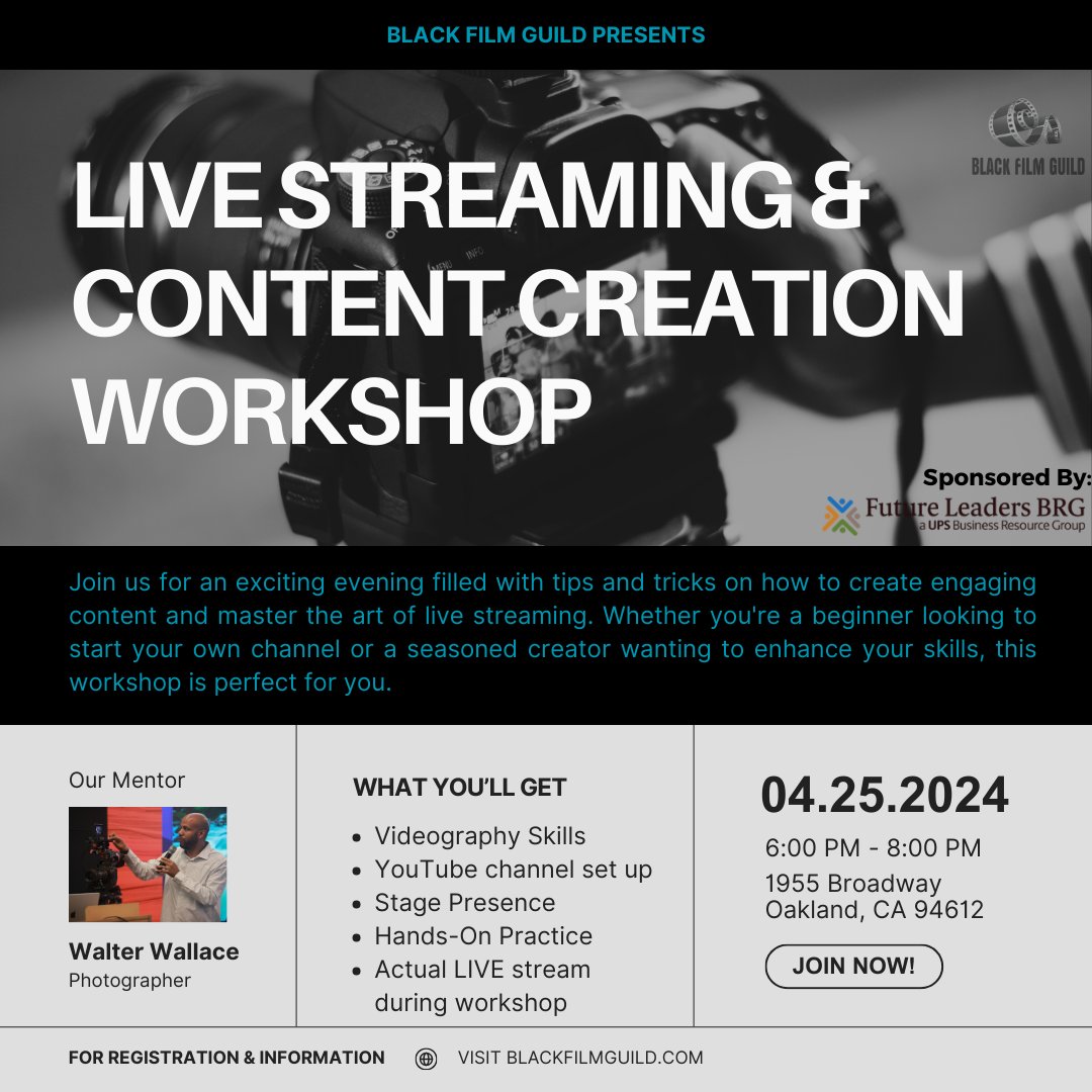 BlackFilmGuild's tweet photo. Mark your calendars for April 25th, from 6pm to 8pm at Uptown Station, and get ready to take your content creation game to the next level!

Plus, experience the magic of live streaming firsthand. 

Sign up here: https://t.co/OWXCXw8nOB https://t.co/KIrxhLHb3h