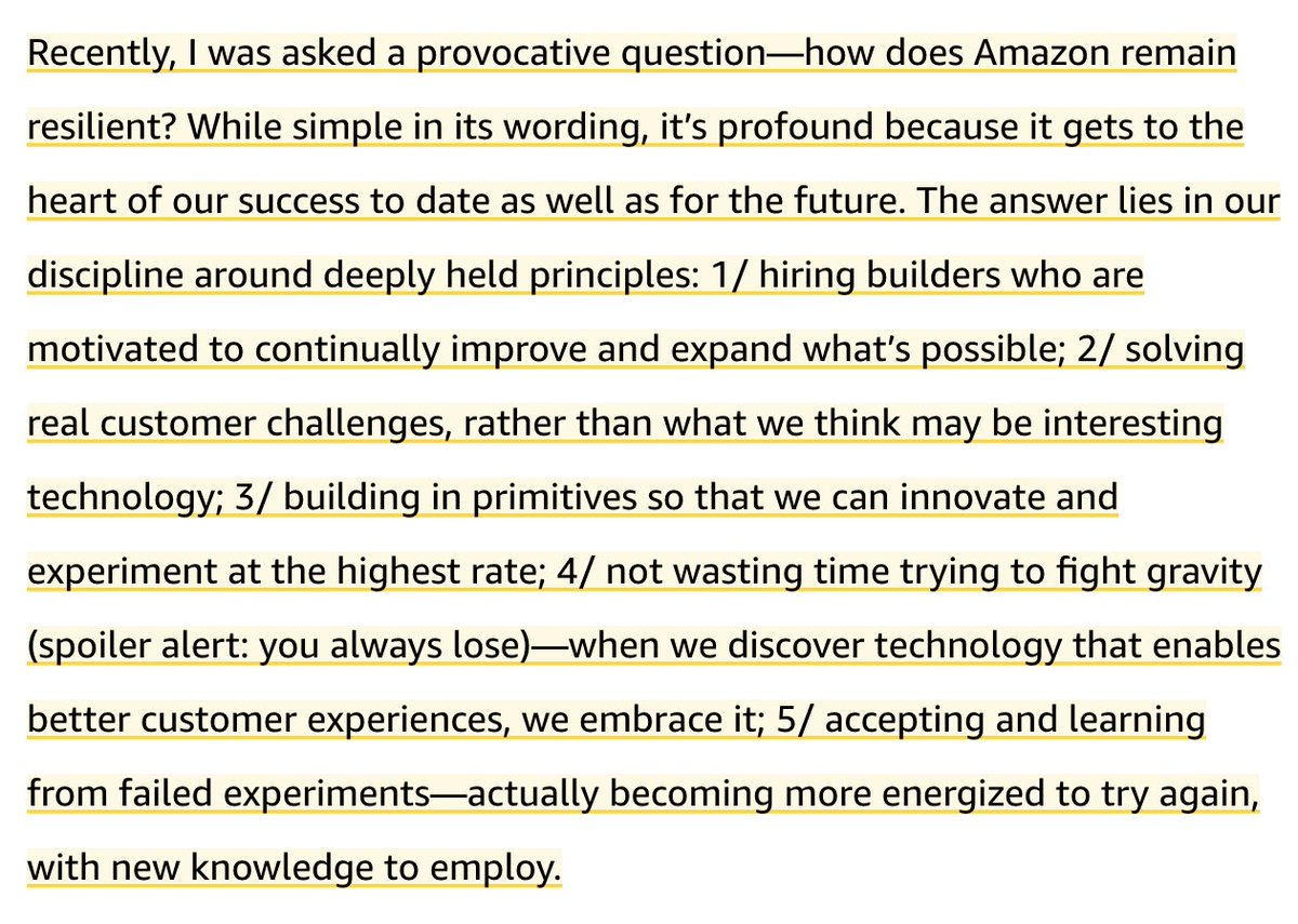 Must read - @amazon CEO Andy Jassy 2023 Letter to Shareholders Harkens back to how AWS was started with S3, then EC2, focused on building blocks + primitives. Starting with right foundation, listening to customers, patience, resilience... +AI, AI, AI aboutamazon.com/news/company-n…