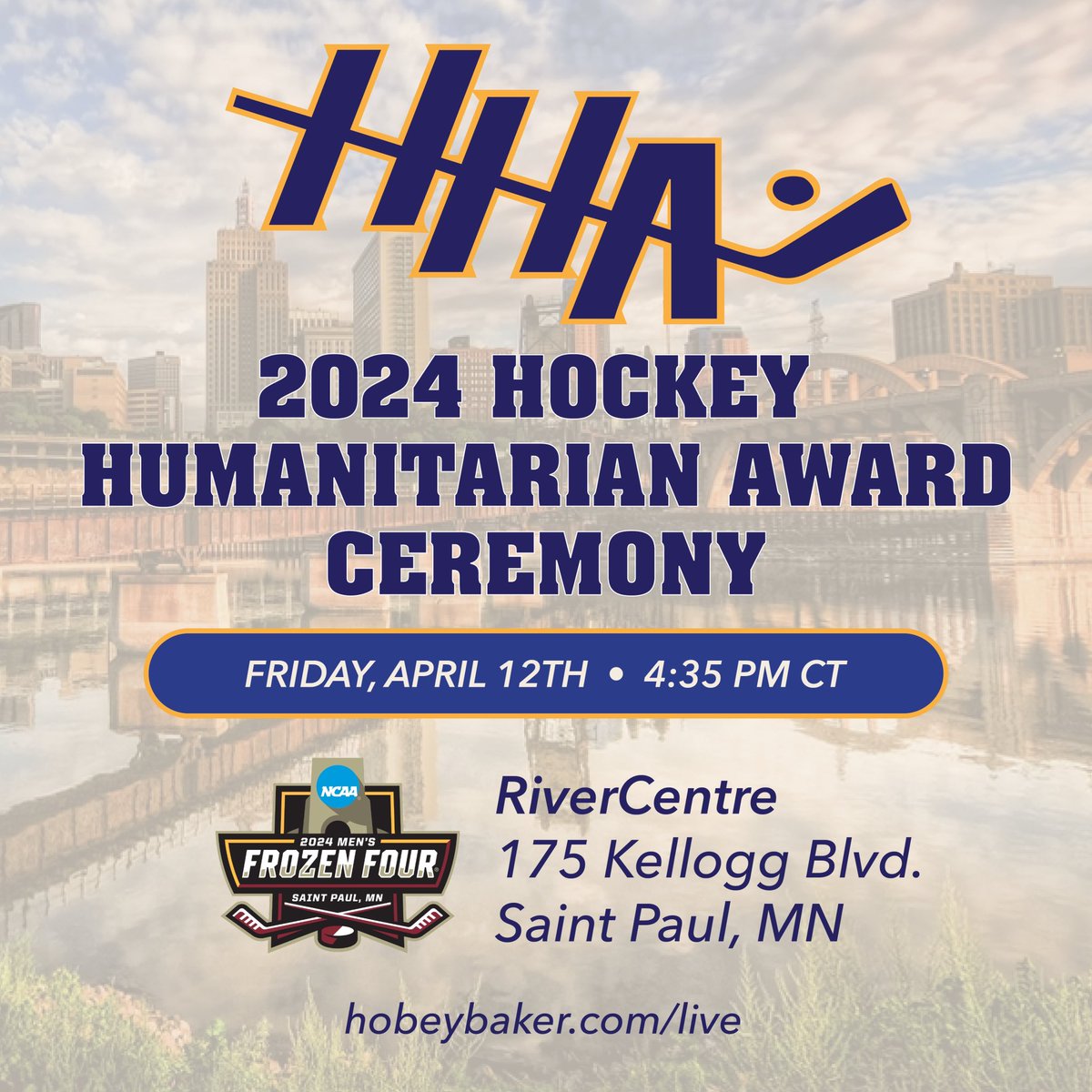 Join us tomorrow at the RiverCentre in St. Paul or online at hobeybaker.com/live as we announce the 29th recipient of the #HockeyHumanitarian Award!