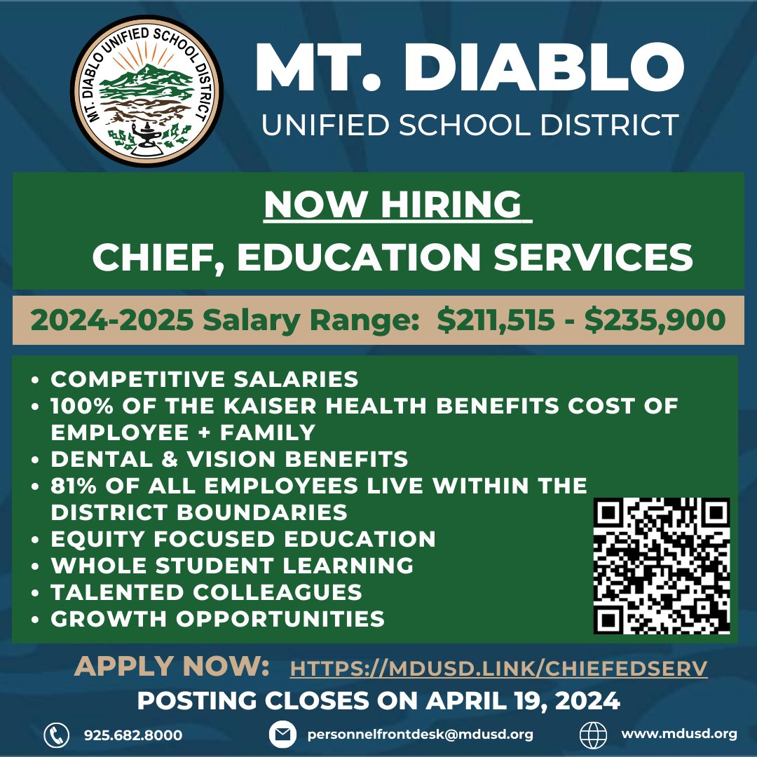 @MtDiabloUSD seeks an exceptional leader to be the next Chief of Education Services for the 2024-2025 school year. If you are an equity-focused leader, looking to support ALL MDUSD students and staff, please apply: mdusd.link/ChiefEdServ #Leadership @ACSA_info @ACSARegion6