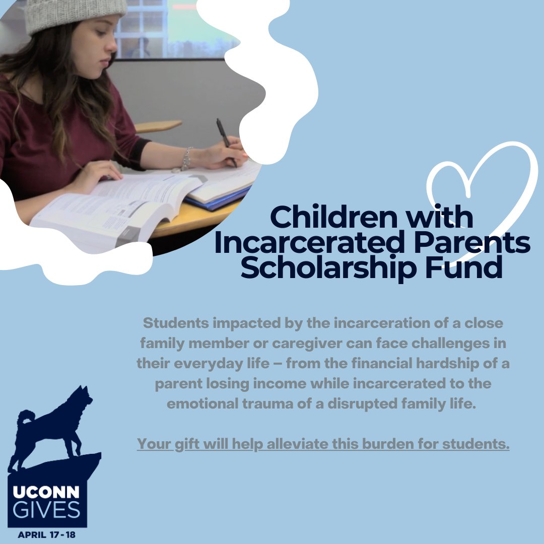 The @CTCIPInitiative Scholarship Fund supports students who have a close family member or caregiver that are incarcerated. Learn more about our #UConnSPP & @IMRP campaigns our #UConnGives landing page publicpolicy.uconn.edu/uconn-gives