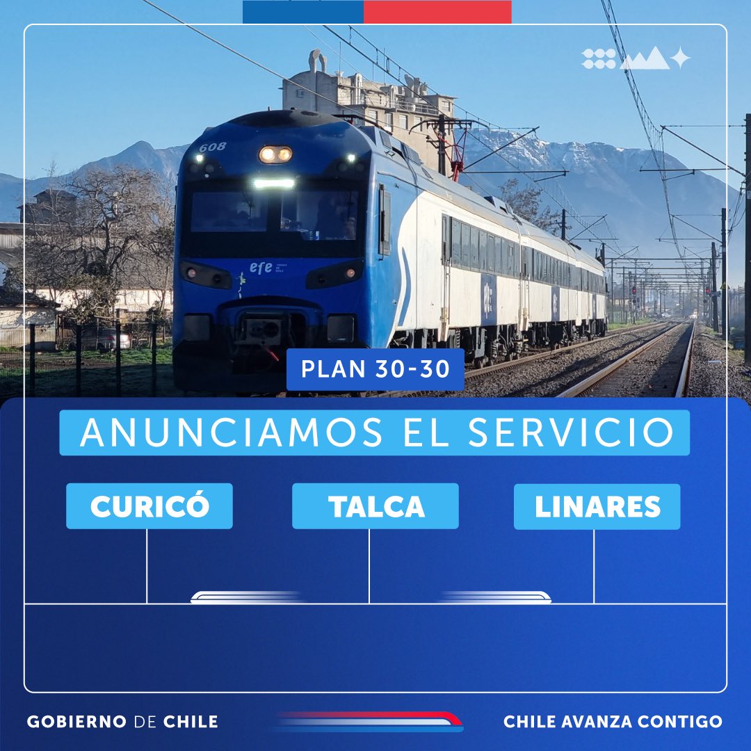 MTTChile's tweet photo. ¡Damos un nuevo paso en nuestro Plan 30/30! 🚆

Hoy junto a @EFETrenesChile anunciamos el nuevo piloto de trenes que conectará Curicó-Talca-Linares.

Con este paso estamos cumpliendo con nuestro compromiso de avanzar con servicios de cercanía para entregar más conectividad. https://t.co/pKIVi4acba