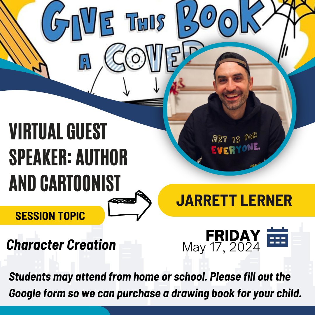 I'm so excited for @Jarrett_Lerner to be our virtual guest at our home school academy. He'll be conducting sessions on character creation. And all Ss will get one of his engaging drawing books. 📒 Thank you, Jarrett, for joining us. We can't wait!!