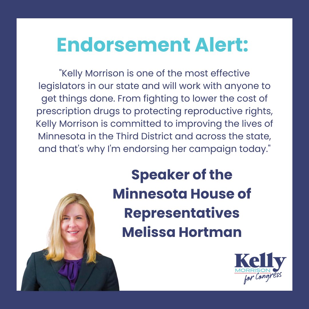 I am very proud our campaign is endorsed by Speaker of the Minnesota House Melissa Hortman. Thank you for your support, @melissahortman ! #MN03
