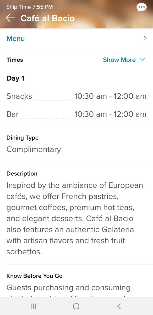 @CelebrityCruise Im on the summit ship to bahama it states on the app Cafe el bacio is complementary. I was told by server it is not complementary it is extra fee. Please correct this one way or the other