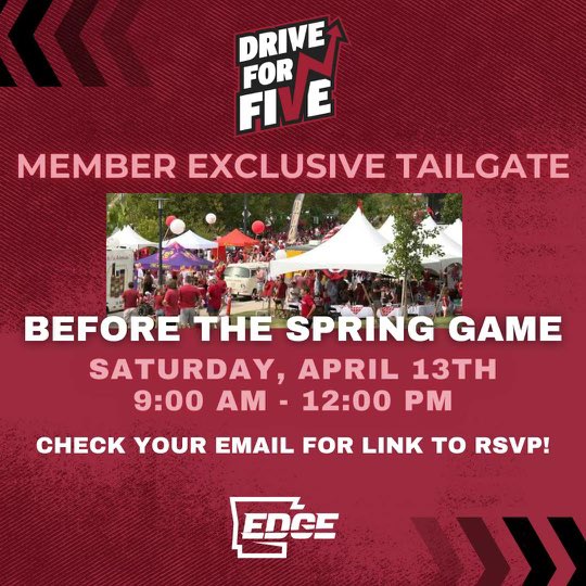 Come support me & my teammates this Saturday at the Red and White Game! 🏈 In the meantime, help support Arkansas student-athletes like me through @ArkansasEdgeNIL. Members can come to an exclusive tailgate before the game!  arkansasedgenil.com/driveforfive 📈