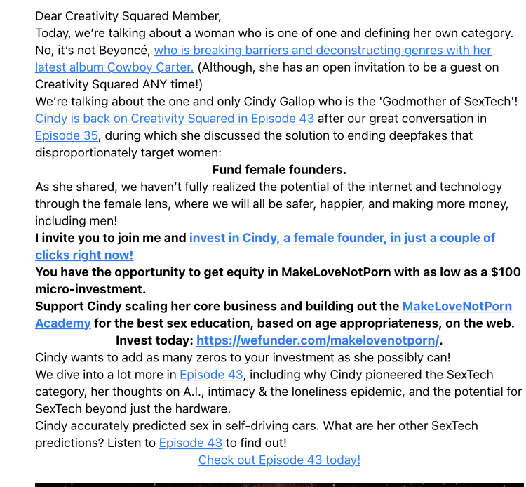 cindygallop's tweet photo. Thank you @helenstravels  #CreativitySquared for supporting me and rallying your network and community to do so too - it was great to talk to you about Sex, AI And The Human Condition: https://t.co/7VgJUuiG0m #sextech https://t.co/3DkJfraOaL