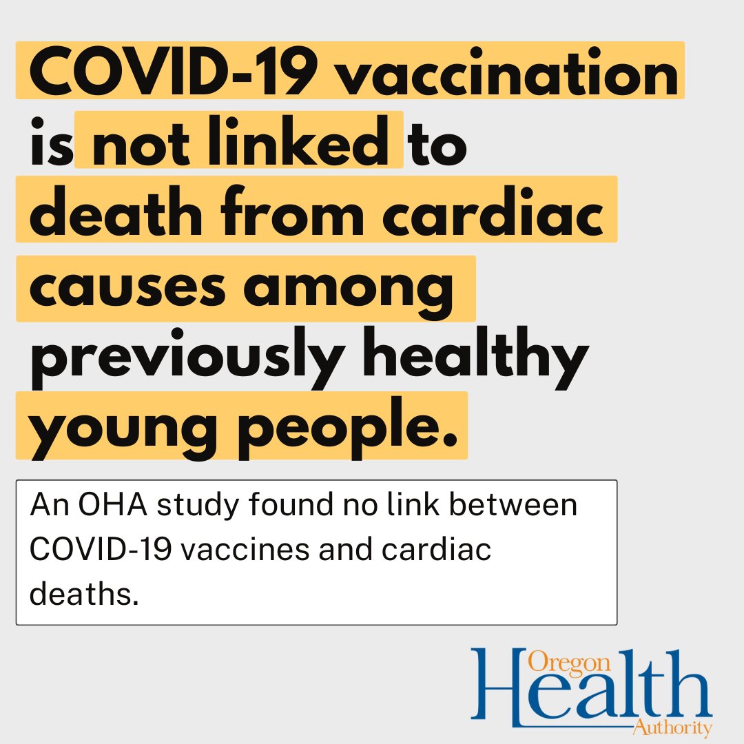 COVID-19 vaccination is not linked to death from cardiac causes among previously healthy young people, according to an OHA study published by the CDC. For more information, read our news release: ow.ly/aPmv50ReA44