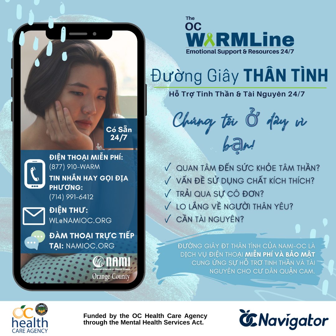 Did you know the NAMI OC WarmLine is available 24/7 through talk, text and chat to provide emotional support and resources? The Warmline is also available in multiple languages, such as Vietnamese, Spanish, Farsi, and English! 📞714-991-6412 🖥️namioc.org/oc-warmline #warmline