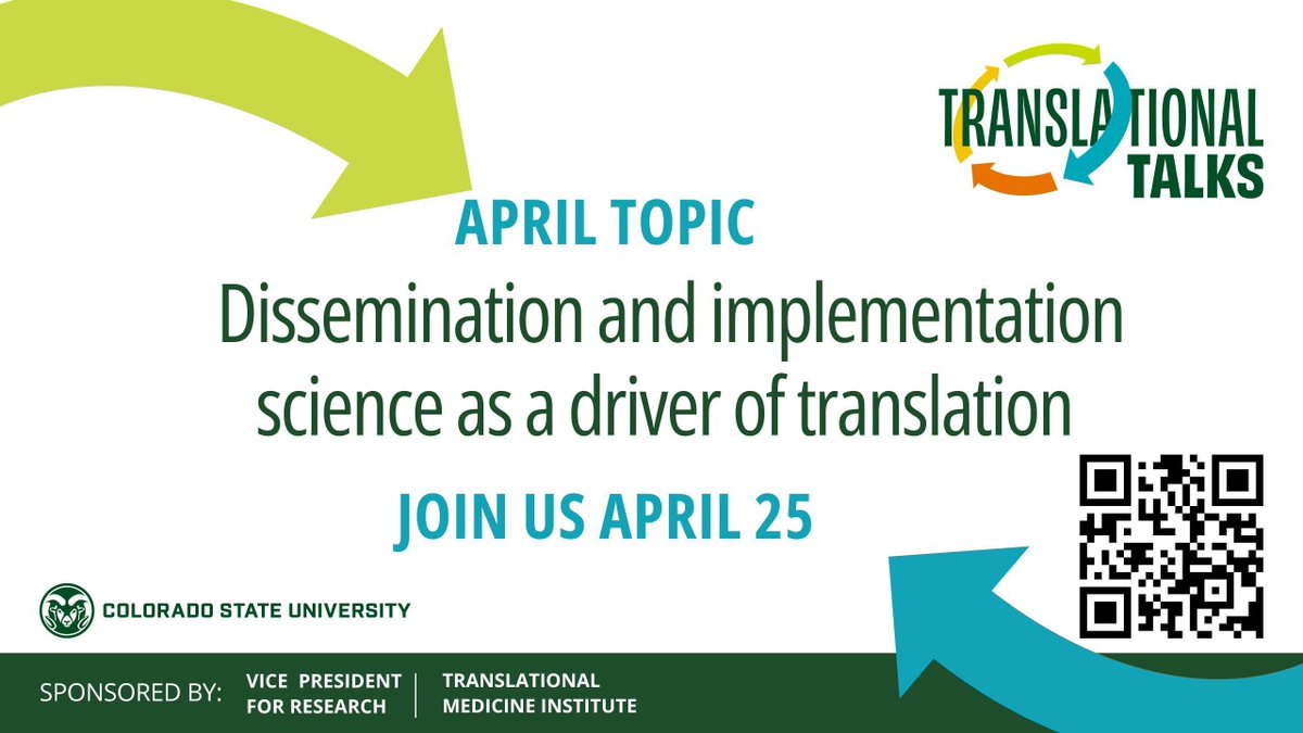 At the CSU Campus, join us on April 25th at 4 pm for the next Translational Talk. You'll have the chance to hear @BethanyKwan speak on 'Designing for Dissemination and Sustainability: Principles, Methods, and Frameworks for Ensuring Fit to Contexts.' bit.ly/3U8xIWd