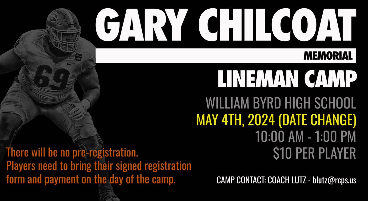 🚨LINEMAN CAMP UPDATE🚨

Due to an unexpected schedule conflict, we need to move the Gary Chilcoat Memorial Lineman Camp to Saturday, May 4th. 

We look forward to hosting some of the best linemen in the Commonwealth. 

Don’t miss this incredible opportunity to get better.