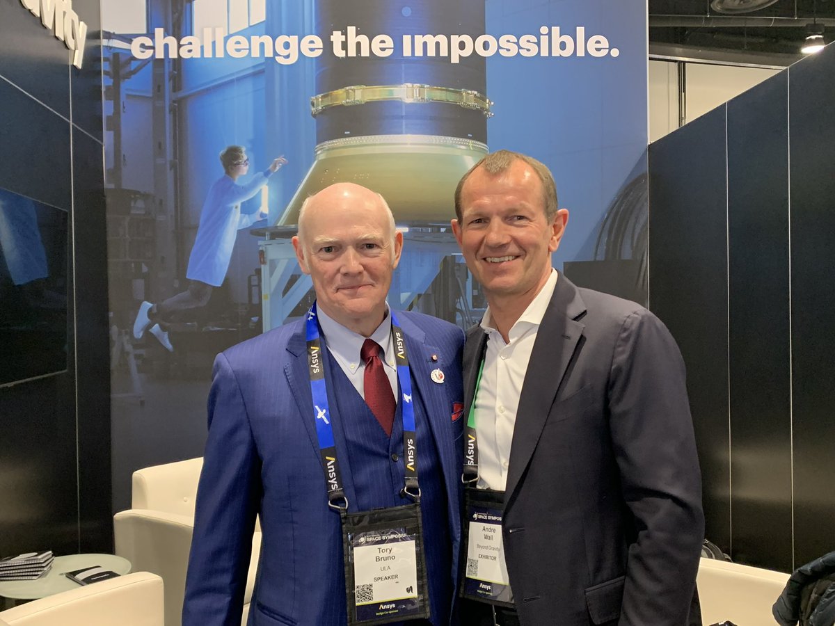 Excited to have @ulalaunch (ULA) CEO @torybruno stop by the Beyond Gravity booth at the 39th annual National #SpaceSymposium for a quick meeting with our CEO André Wall. We appreciate the amazing working relationship between these two companies. #RelationshipsMatter