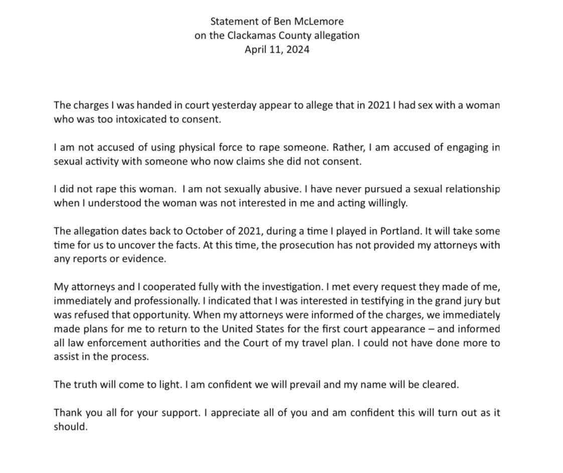 Statement from former NBA No. 7 overall pick Ben McLemore, who is facing rape and sex crime charges in Portland: