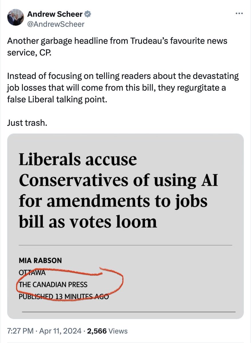 “They’re not stenographers for our lies, so they’re trash.” Andrew Scheer showing his true colours once again.