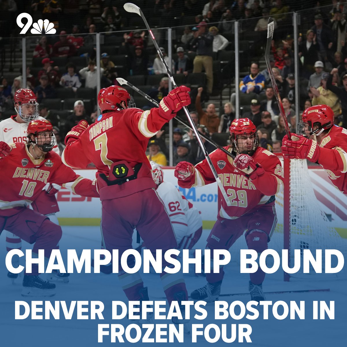 The University of Denver Hockey (@DU_Hockey) is heading to the national championship after a thrilling OT win in the Frozen Four!!! 🤩

#9sports #GoPios #PioneerTogether