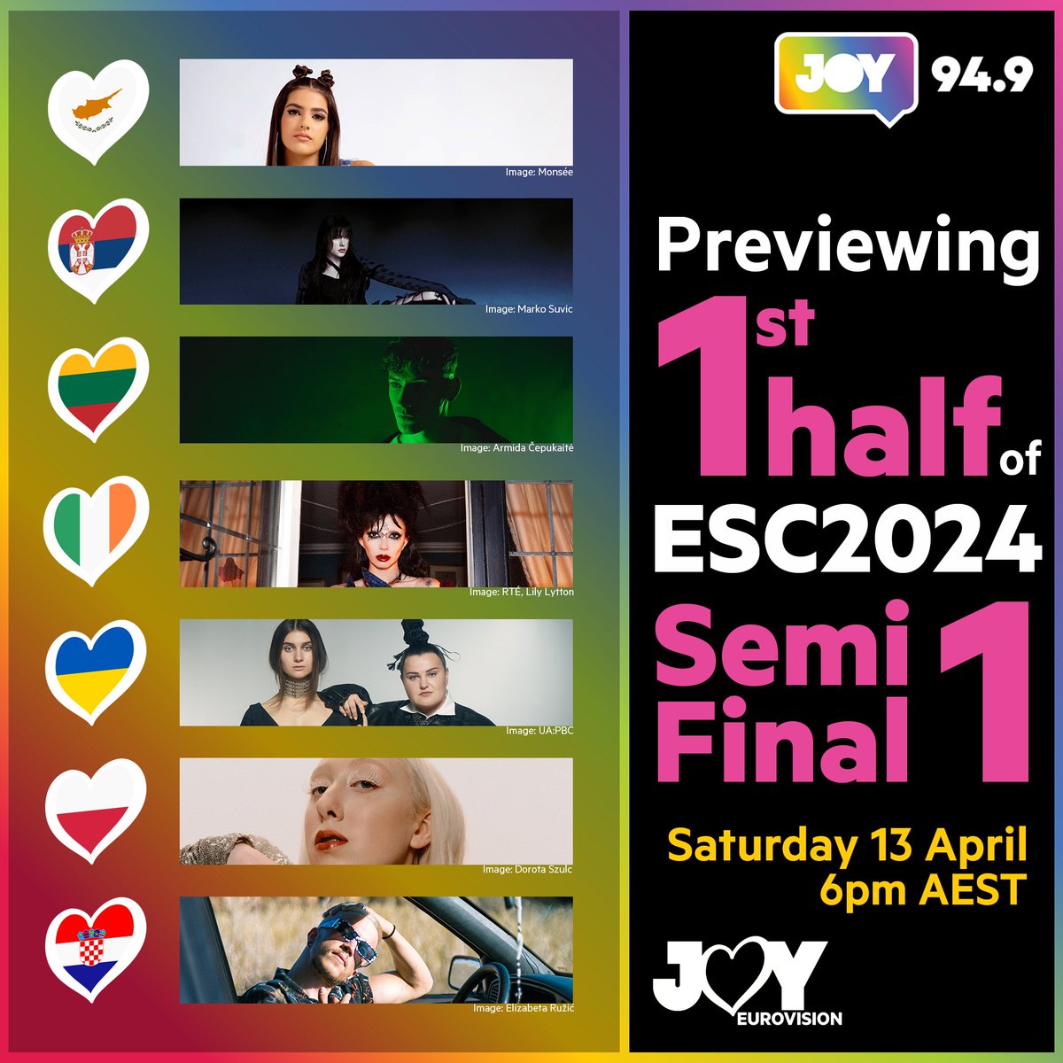 We’re ready to be #UnitedByMusic as we preview the first half of #ESC2024 Semi 1. Share your thoughts on 🇨🇾🇷🇸🇱🇹🇮🇪🇺🇦🇵🇱🇭🇷 in our first #Eurovision preview. Join us: ⏰ Sat 13 April, 6pm AEST (10am CEST) 📻 @JOY949 / 94.9FM in Melb 💻 joy.org.au 🔊 'Play JOY 949'