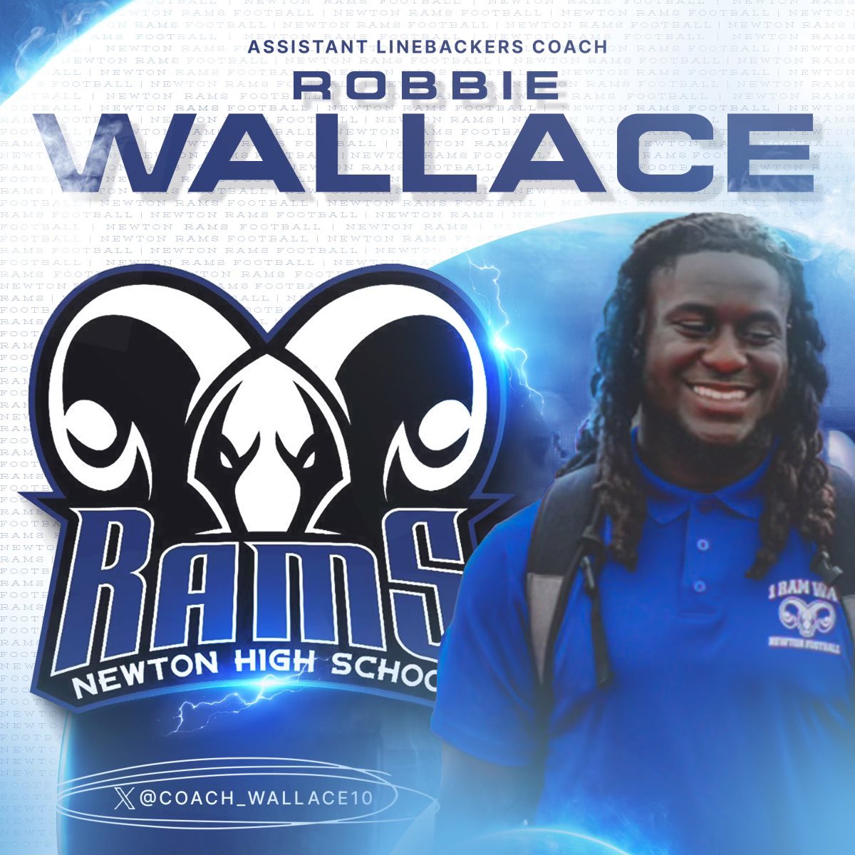 Help Me Welcome Coach Robbie Wallace @coach_wallace10 to the RAM Family🐏 ‼️ 🔵Played for Wingate University 🔵Newton HS Alumni 🔵All-American LB at Wingate University 🔵Played Pro Football for the AFI