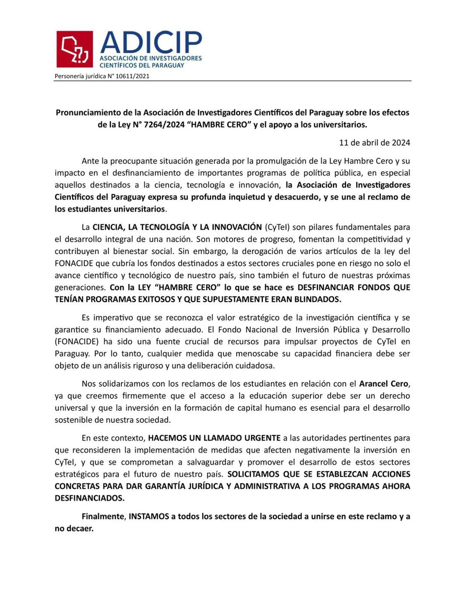 URGENTE! Pronunciamiento de nuestra Asociación en vista de los sucesos reciente en relación a la Ley de Hambre Cero y sus implicancias.