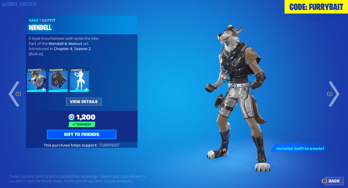 I'm not home so I'm using old screenshots but Wendell, from the Wendell and Walnut set, is back today on the Item Shop!

Use code FURRYBAIT on the Item Shop to support us! #EpicPartner #FurryFortnite