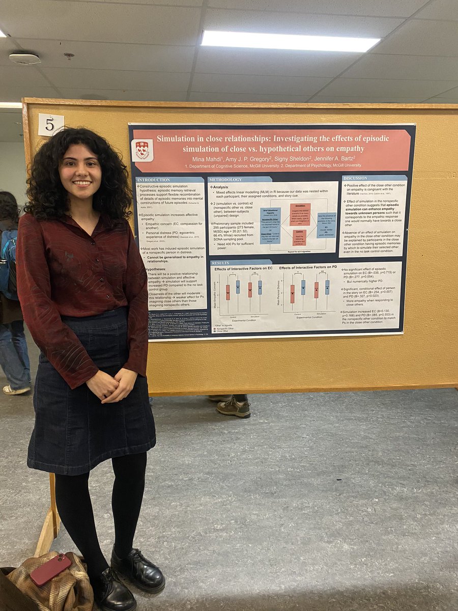 The Bartz Lab had a great time at the Cognitive Science Undergraduate Research Day! 

Special shoutout to our cogs honours student for her great poster on #EpisodicSimulation and #Empathy! 

👇See below for Mina’s poster👇
mcgill.ca/cogsci/files/c…