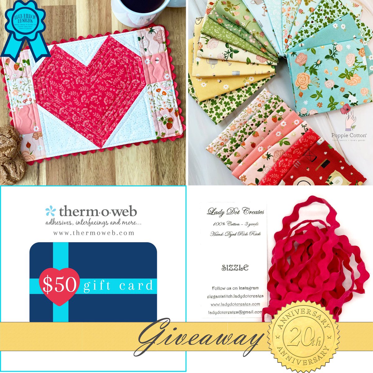 BlueRibbonXS's tweet photo. It’s Blue Ribbon Designs 20th Anniversary and I am celebrating with one BIG giveaway each week during April!

To enter the Sweet Sips Mug Rug Giveaway and read all the details, visit the link in my profile or: https://t.co/8TfA8Z0t4n

⭐️Giveaway ends April 14, 2024 at 11:59 PM. https://t.co/T72cV3JtPw