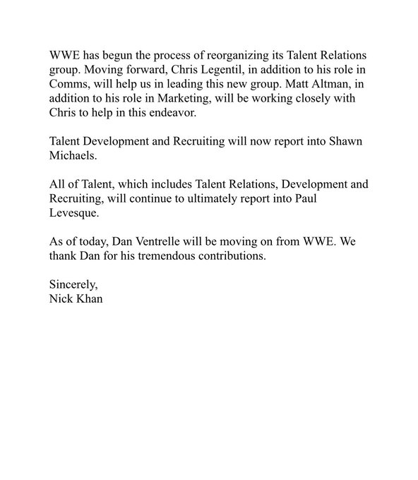 The HBK Shawn Michaels ha sido elevado a un cargo mas alto en la compañía pero seguirá respondiendo a su mejor amigo HHH. Por otra parte Dan Ventrelle ha sido despedido de WWE #WWE @WWE @TKOGrp #WWEColombia