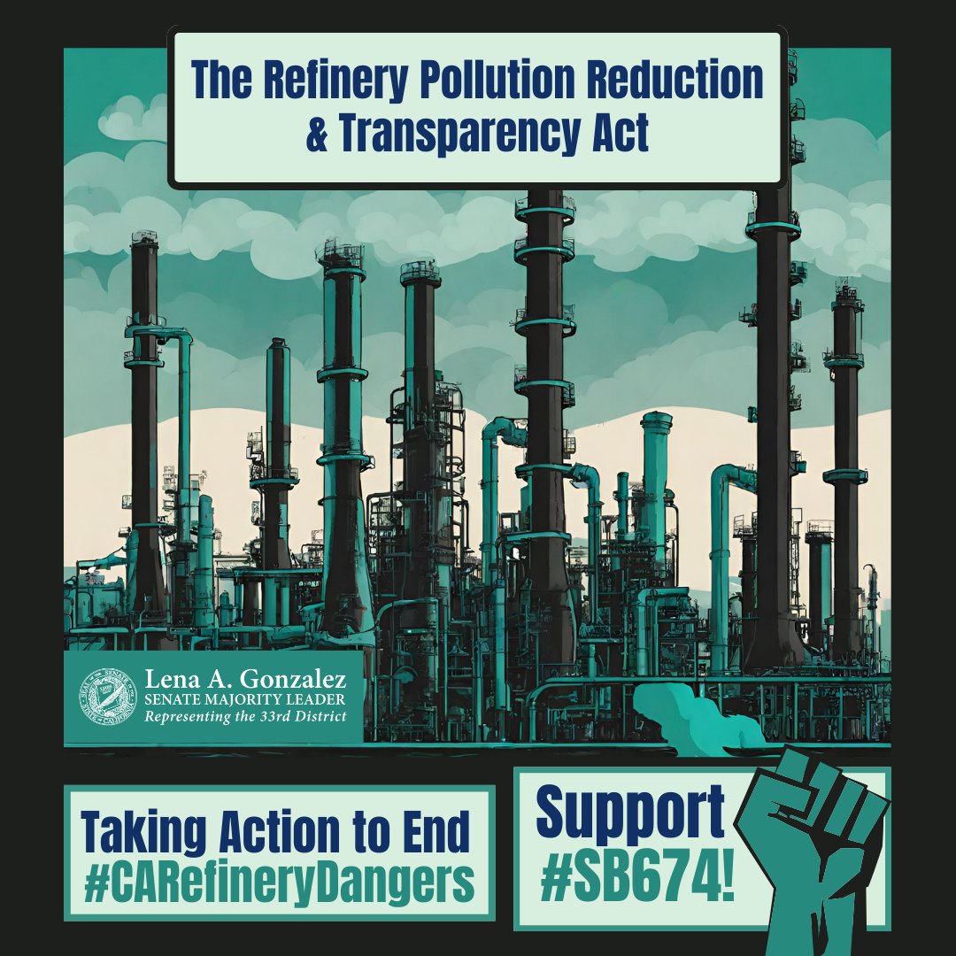 Refineries emit 188 toxic ❌chemicals with 18 of them posing serious health threats such as immune system damage, liver, kidney & heart damage among others. 

#FencelineCommunities deserve to live free of #CARefineryDangers, let’s #HoldPollutersAccountable via #SB674🌎🍃