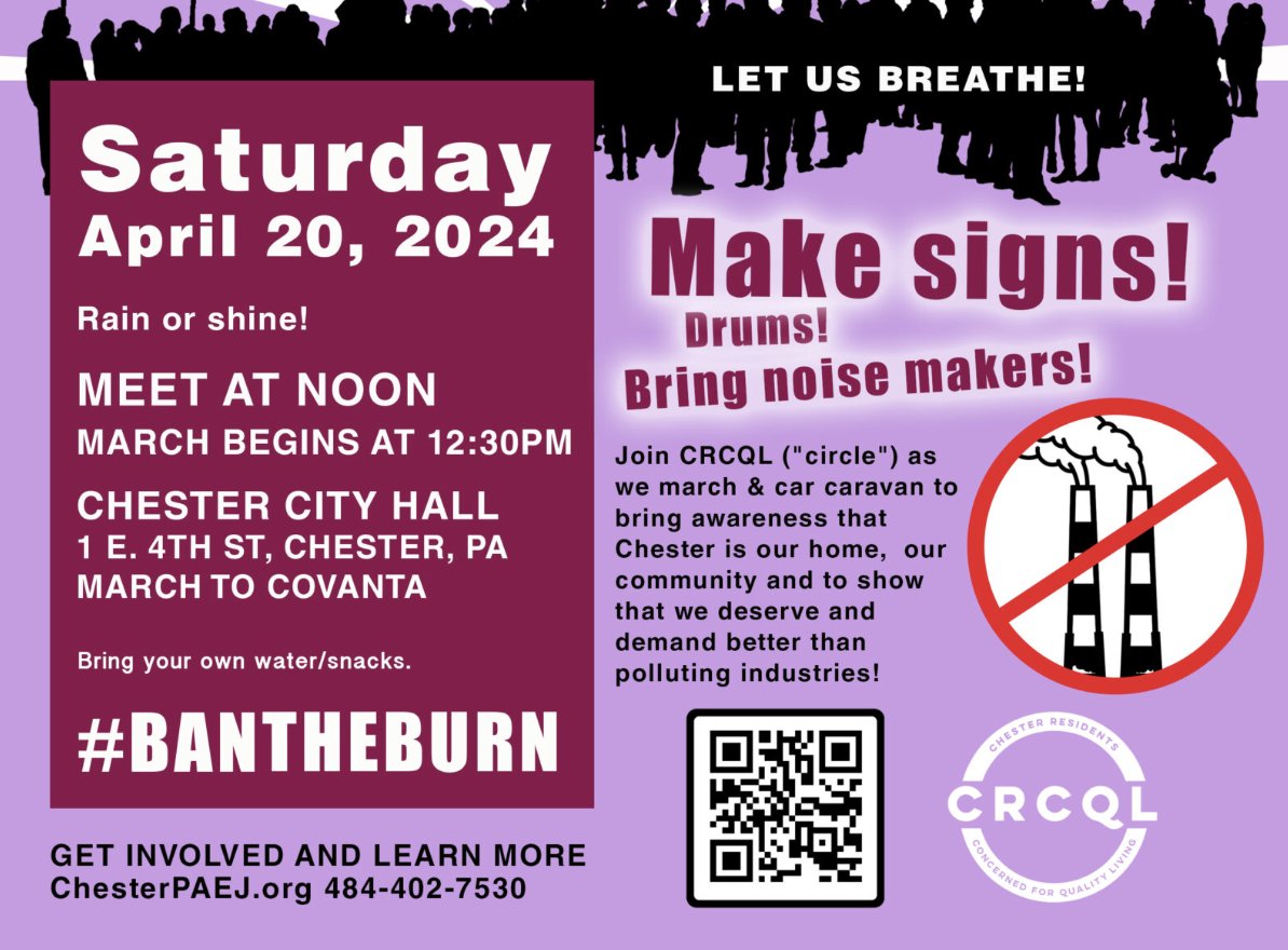 📢📣📣Our @DelcoLWV will have a presence here:  Join CRCQL for its annual Chester City march and car caravan for environmental justice! Meet at Chester City Hall and walk/caravan to Covanta trash incinerator April 20 at Noon  #BanTheBurn #CRCQL