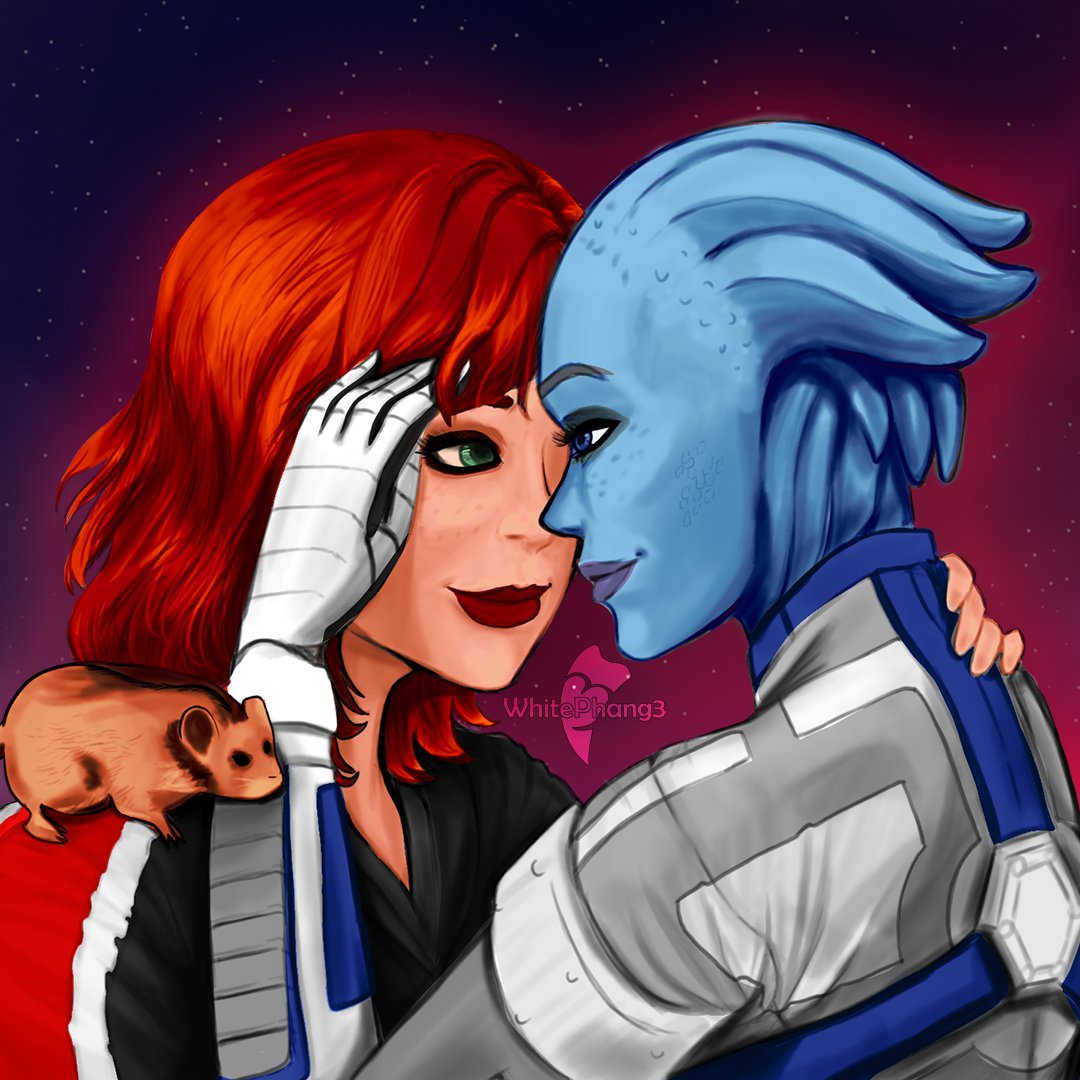 #Femshep #Liara # MassEffect True love ❤️ I stayed up too late playing Mass Effect but this came as I was going to bed 😁 A commission by Whitephang of my favourite couple and their hamster 😍 It's lovely, thank you Phang 😊 a very efficient, friendly and professional service 🤩