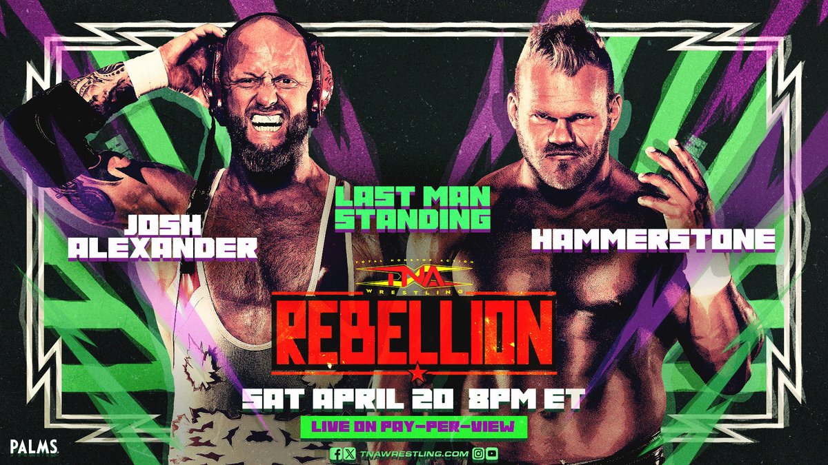 BREAKING: @Walking_Weapon and @alexhammerstone will now face off in a Last Man Standing Match at #Rebellion on April 20, streaming live on PPV and the TNA+ World Champion tier from the Palms in Las Vegas! Get tickets and be there LIVE: ticketmaster.com/tna-wrestling-…