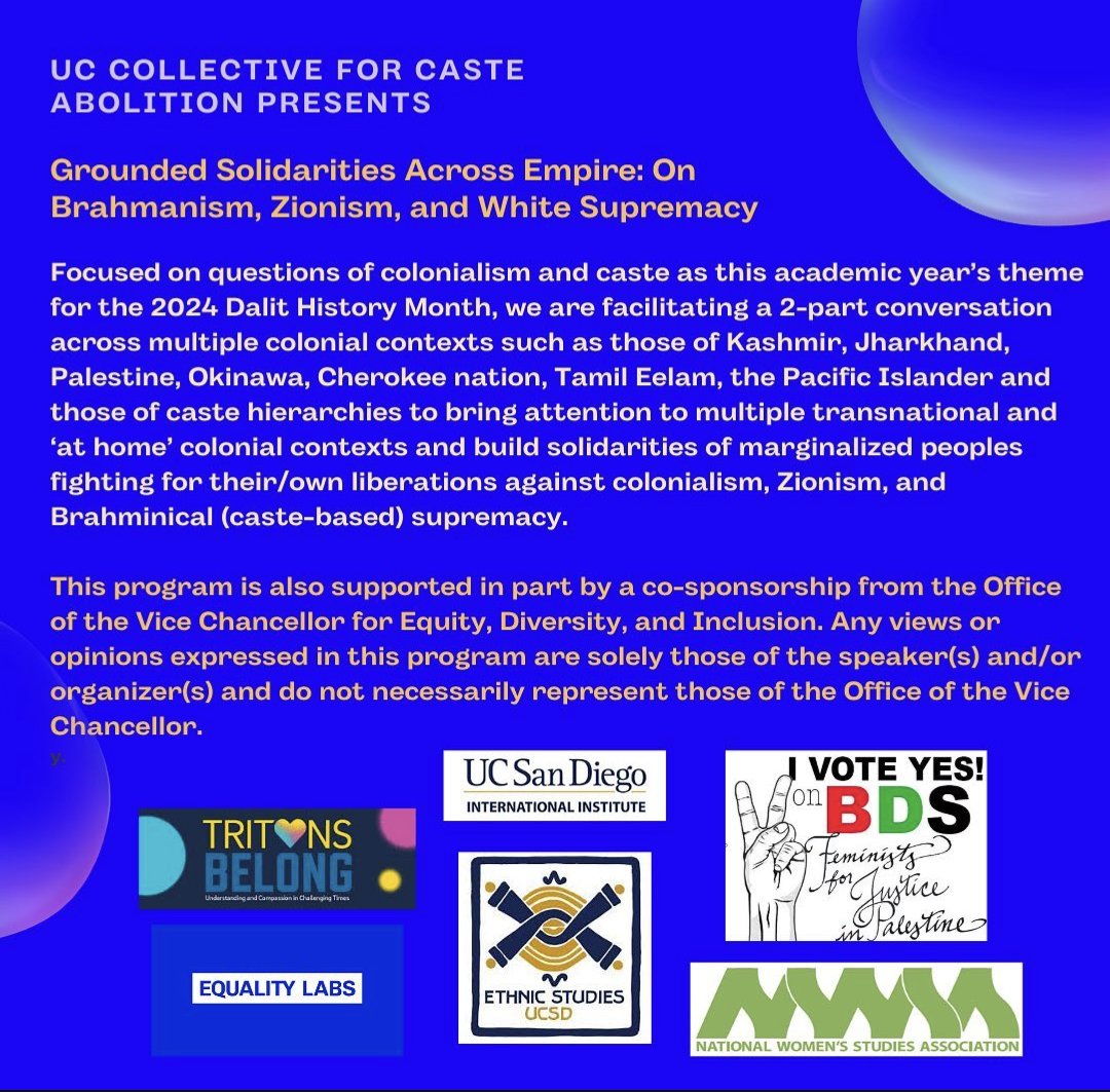 Looking forward to participating in this upcoming discussion on colonialism &amp; caste across Palestine, Okinawa, Kashmir, Tamil Eelam and beyond, organized by the <a href="/UCC4CA/">UC Collective for Caste Abolition</a>. You can register here: ucsd.zoom.us/webinar/regist…