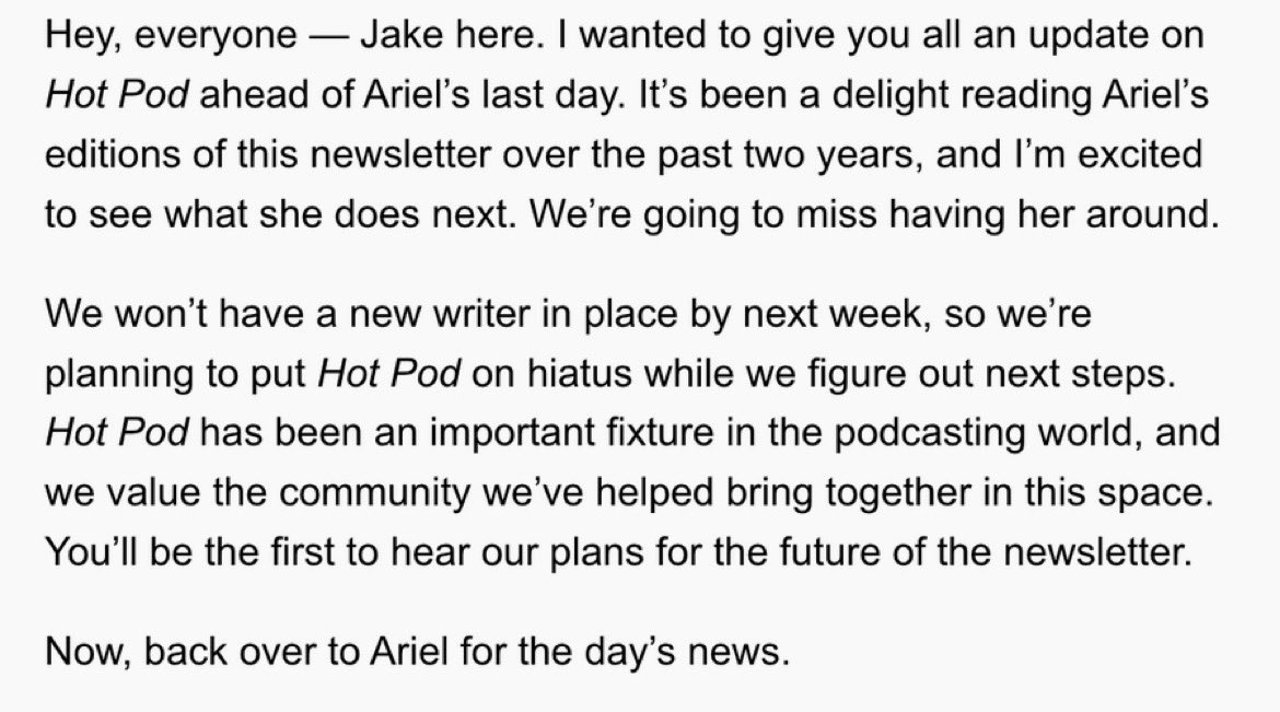 I’ve always been a fan of @hotpodmedia and of @arshapiro90 (and previous alumni, @ashleyrcarman and of course @nwquah ). I hope that HotPod returns soon. And Jake, I know some great writers who would be excellent!