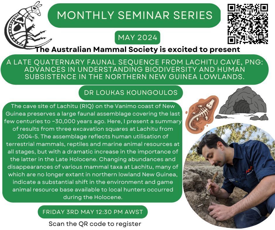 Join us for our May seminar! Dr Loukas Koungoulos from ANU- A Late Quaternary faunal sequence from Lachitu Cave: Advances in understanding biodiversity & human subsistence in the northern New Guinea lowlands. Seminars open to the public but register at: buff.ly/3xpFxhr