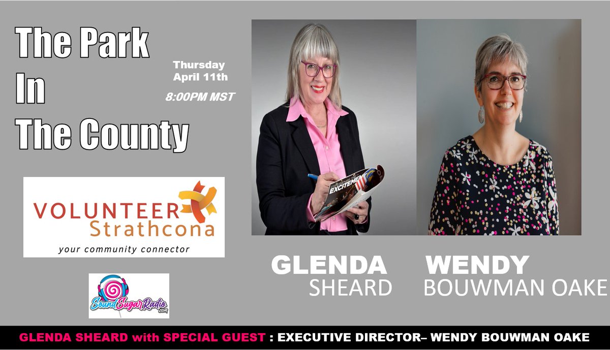 Hope you'll join me tonight for The Park In The County on @SoundSugarRadio. My guest is Wendy Bouwman Oake, Executive Director of Volunteer Strathcona.
We'll be chatting about the upcoming Volunteer Fair (April 16th) and National Volunteer Week 

#TPinTC #shpk #strathconacounty