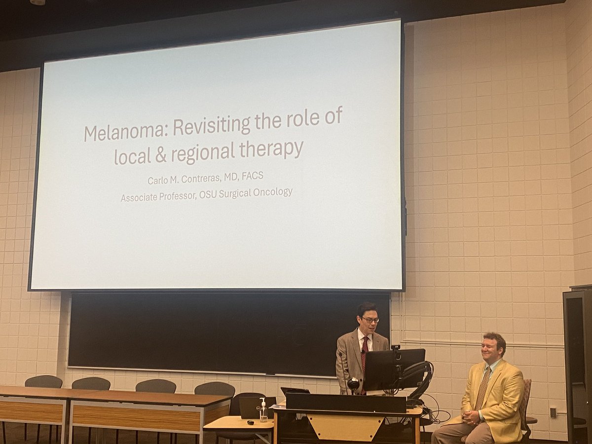 JuliaColemanMD's tweet photo. Fantastic @OhioStateSurg Grand Rounds by @CarloContreras9 on the latest in treatment of advanced skin cancer and collaboration with OSU undergrad engineering program on harnessing tech innovation for early detection of lymphedema. 👏👏 @timpawlik https://t.co/YTVpO7xW9D