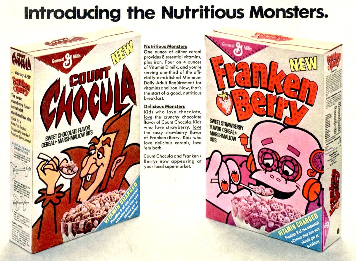 🥣In 1971, General Mills introduced chocolate-flavored Count Chocula and strawberry-flavored Franken Berry
