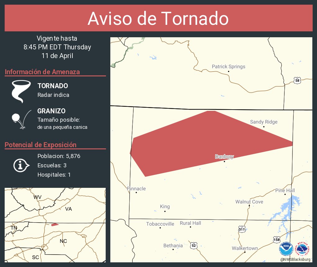 Aviso de Tornado incluye Stokes County, NC hasta las 8:45 PM EDT