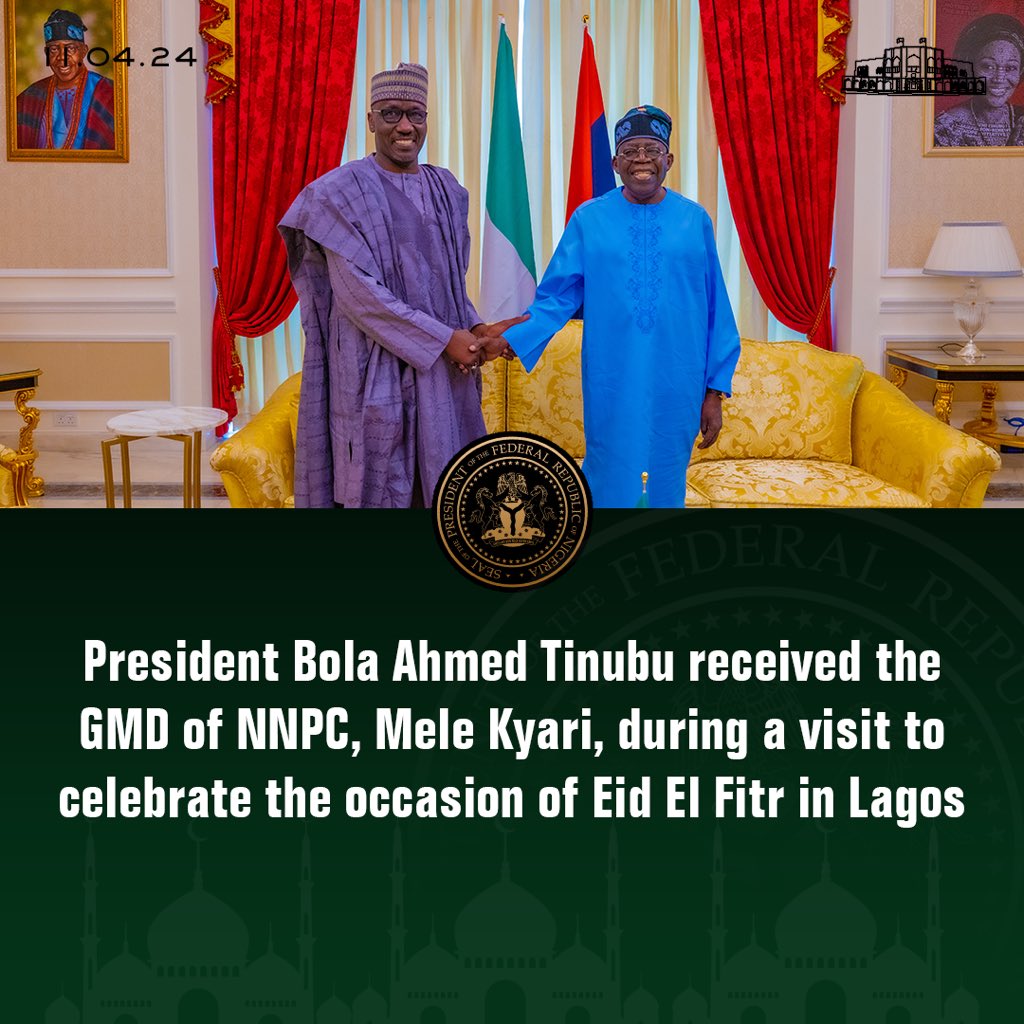 President Bola Ahmed Tinubu received the GMD of NNPC, Mele Kyari, during a visit to celebrate the occasion of Eid El Fitr in Lagos. #EidMubarak #PresidentTinubuInLagos