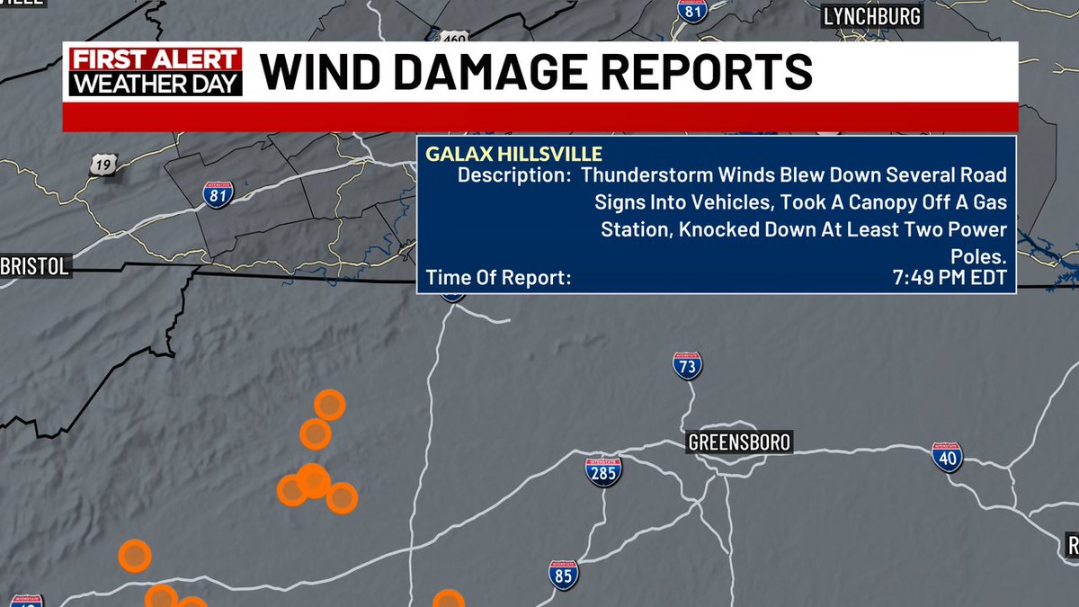 Wind damage coming in from Carroll Co./ Galax - Wind has blown a canopy off a gas station and knocked signs into vehicles.