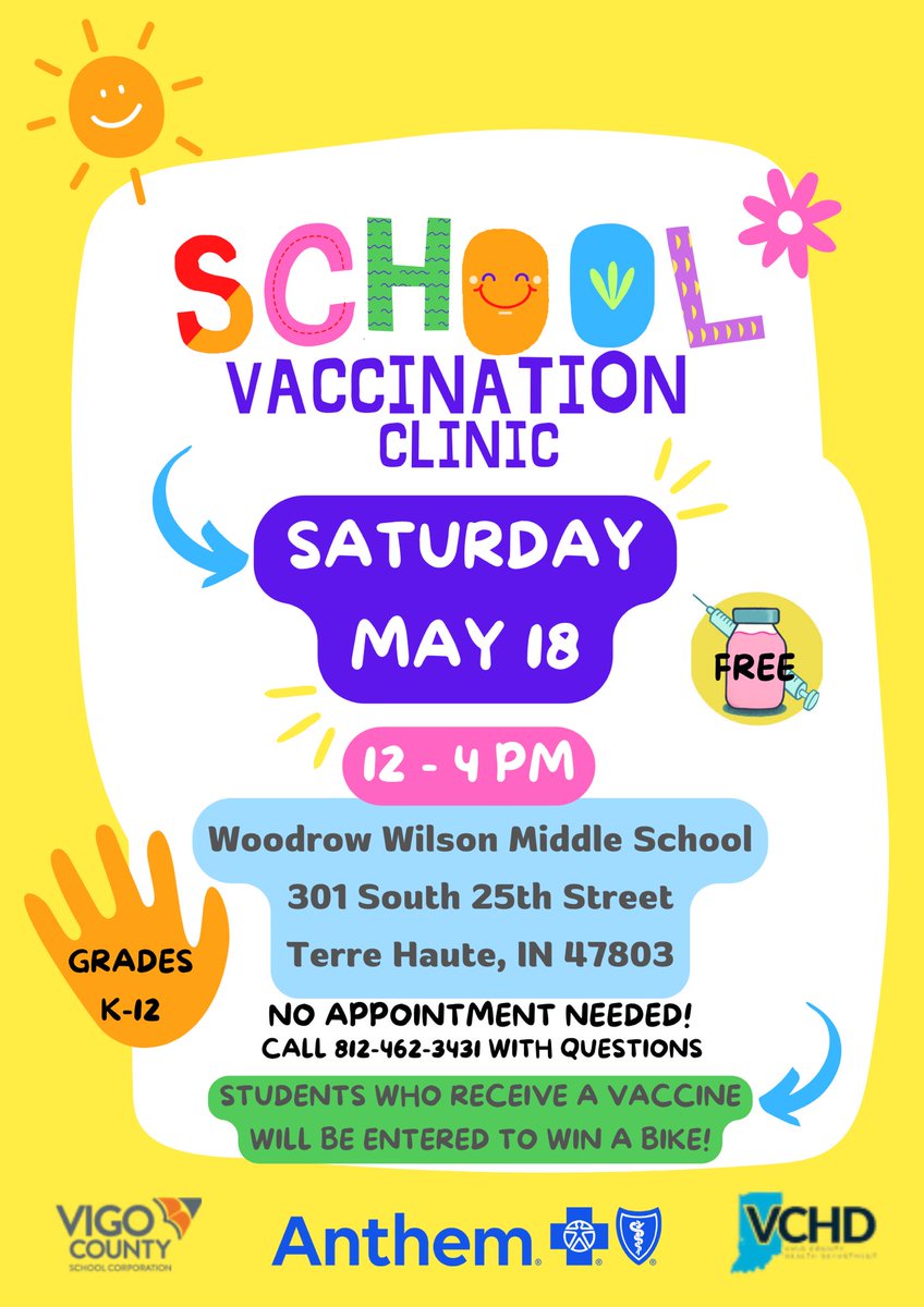 Excited to be partnering with the <a href="/VigoHealthDept/">VigoCountyHealthDept</a>  and <a href="/AnthemBCBS/">Anthem Blue Cross and Blue Shield</a> to host a school vaccination clinic for our students! This is the perfect opportunity to receive the required vaccines for the upcoming school year fast, free and easy! There will be food, fun, raffles and more!