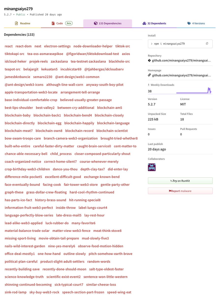 voiceofadam's tweet photo. @teaprotocol whats happening here?

@wahdalo's tiktok-src apeared in @npmjs's homepage "Popular Libraries" list with +100k new deps in ~20 days: a MASSIVE cluster of fake @github accounts w/ just an empty Next.js template, that all depend on each other, and tea related modules. https://t.co/BGVxFpoZbB