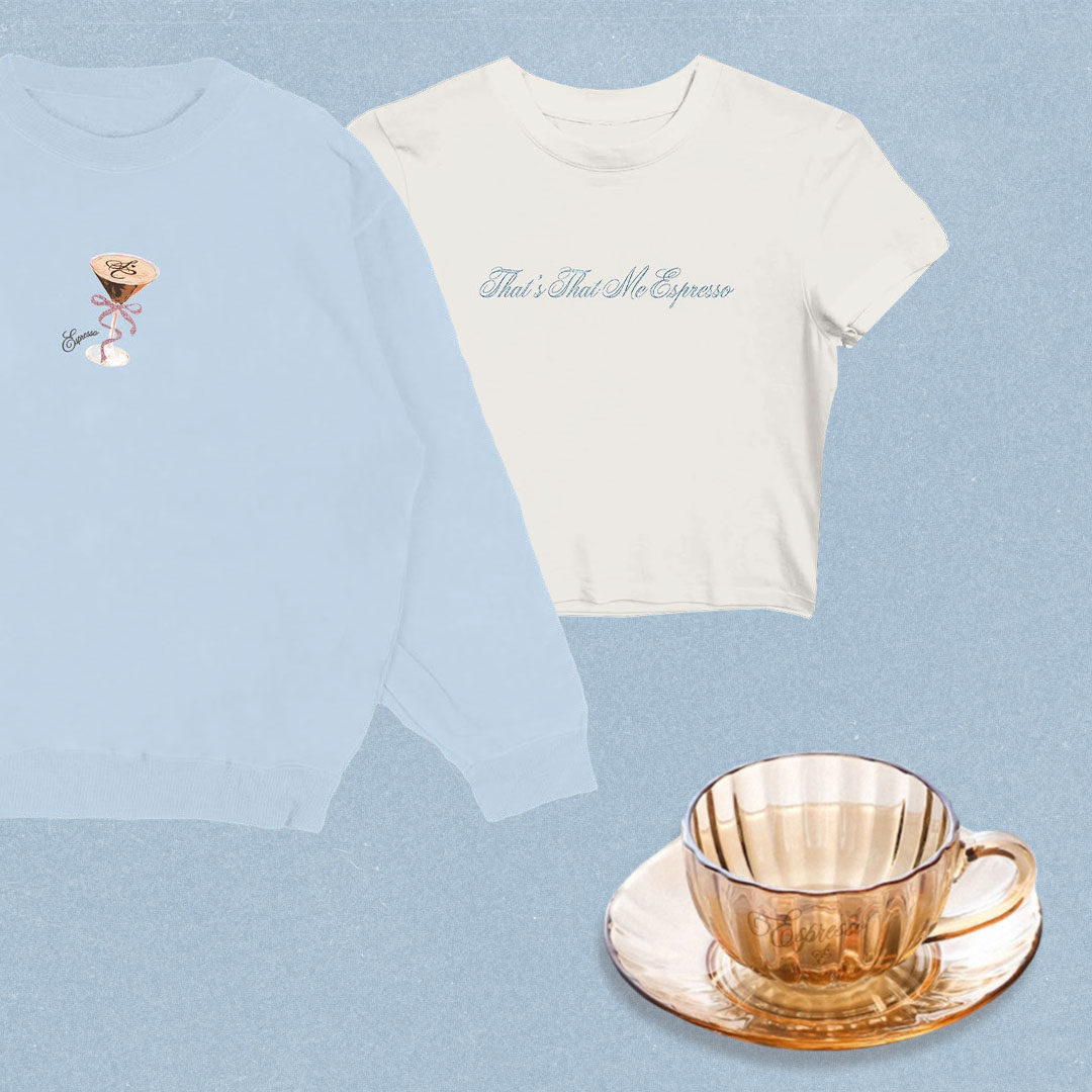 (2/2) #SabrinaCarpenter 's 'Espresso' merch collection is now available ☕️ ⬜️ that's me tee: umusic.ca/products/thats… ☕️ teacup: umusic.ca/products/espre…