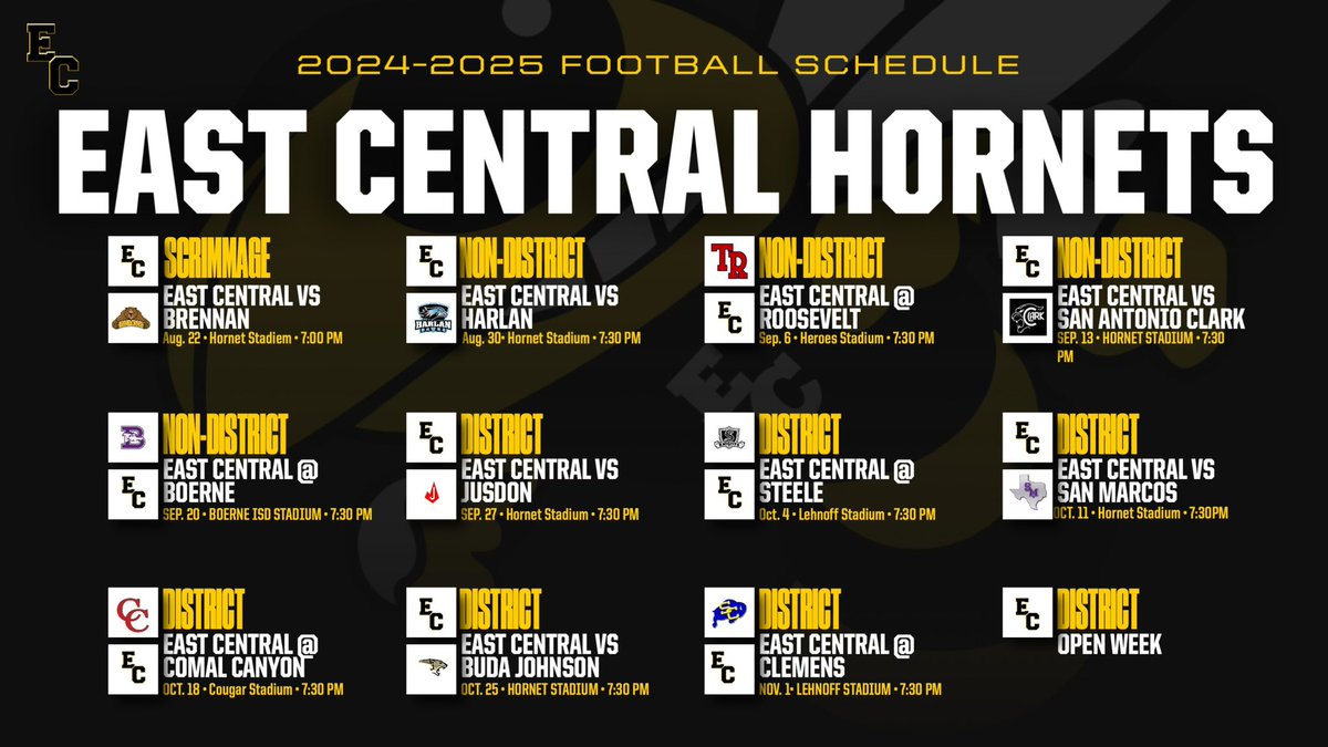 🏈 Ready for some football, Hornets fans? Check out the EC Hornets' full 2024 schedule! 🐝💪 #ECHornets #FootballSeason2024 @ECISDtweets @booster_ec @_ECAthletics @ArriolaSuzette @joehubb74