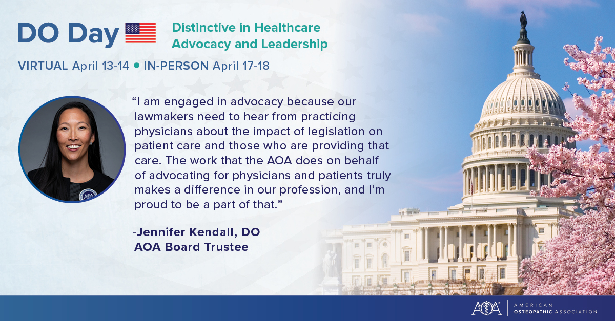 AOA Board Trustee Jennifer Kendall, DO, is proud of her participation in DO Day. Consider joining her and hundreds of other physicians, students, and affiliate leaders by registering for the virtual leadership and professional development conference! bit.ly/2RFDejN