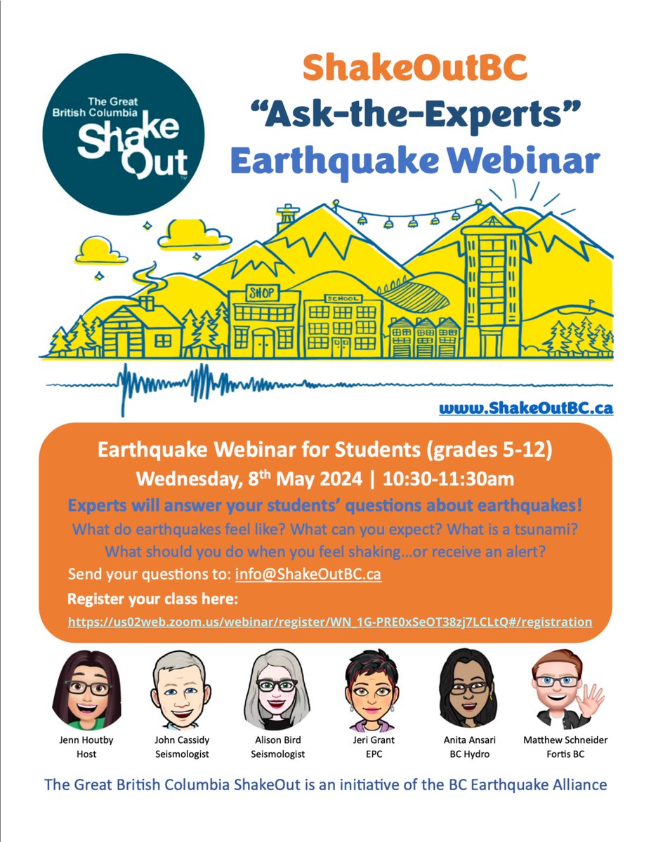 Join us for an exciting “Ask-The-Experts' webinar for students grades 5-12 on May 8th🌍 Visit shakeoutbc.ca/event/ask-the-… to secure your spot! 📲✨