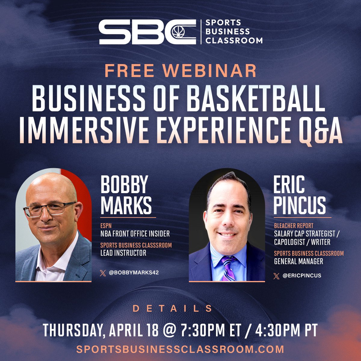 SAVE THE DATE‼️ Join us for a FREE upcoming Q&A with @BobbyMarks42 and @EricPincus about the 2024 Business of Basketball Immersive Experience in Las Vegas! 🏀 DETAILS: 📆 Thursday, April 18, 2024 ⌚️ 7:30PM ET / 4:30PM PT REGISTER USING THE LINK BELOW🔗 us02web.zoom.us/webinar/regist…