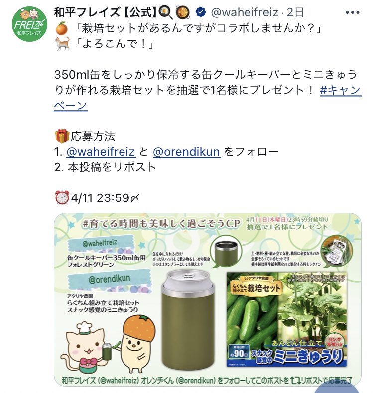 オレンヂくんとのコラボキャンペーンは締め切りました！たくさんのご応募ありがとうございました！！！🥒✨ 週明け当選した方のみDMさせていただきます🙏 よろしくお願いいたします！